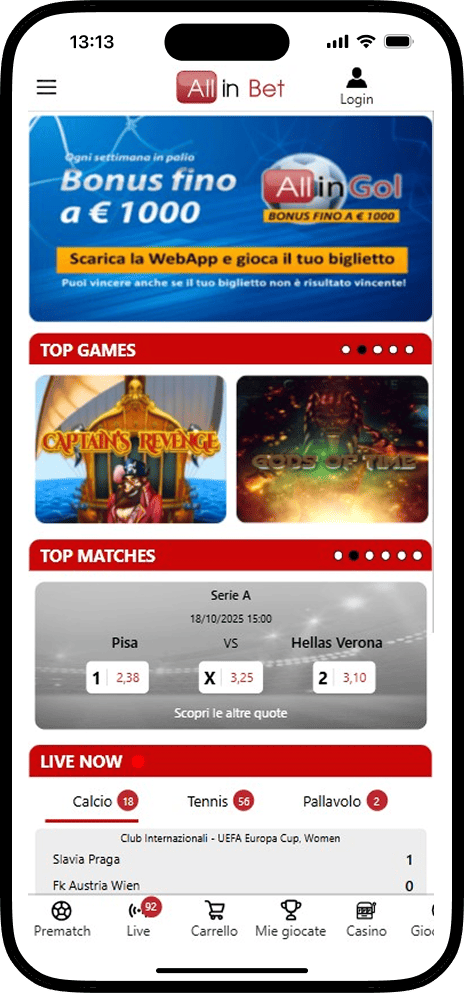 Applicazione mobile All in Bet